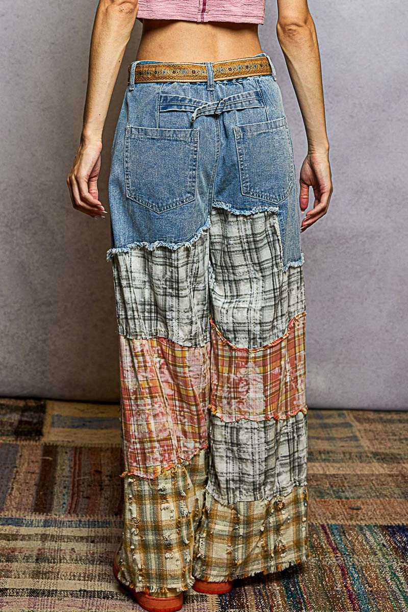 Asymmetrical Patchwork Buckle Back Pants