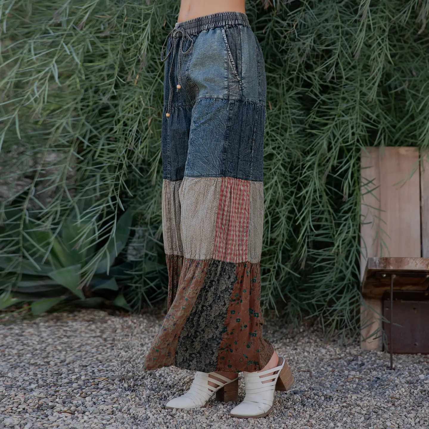 Tiered Patch Denim Pants