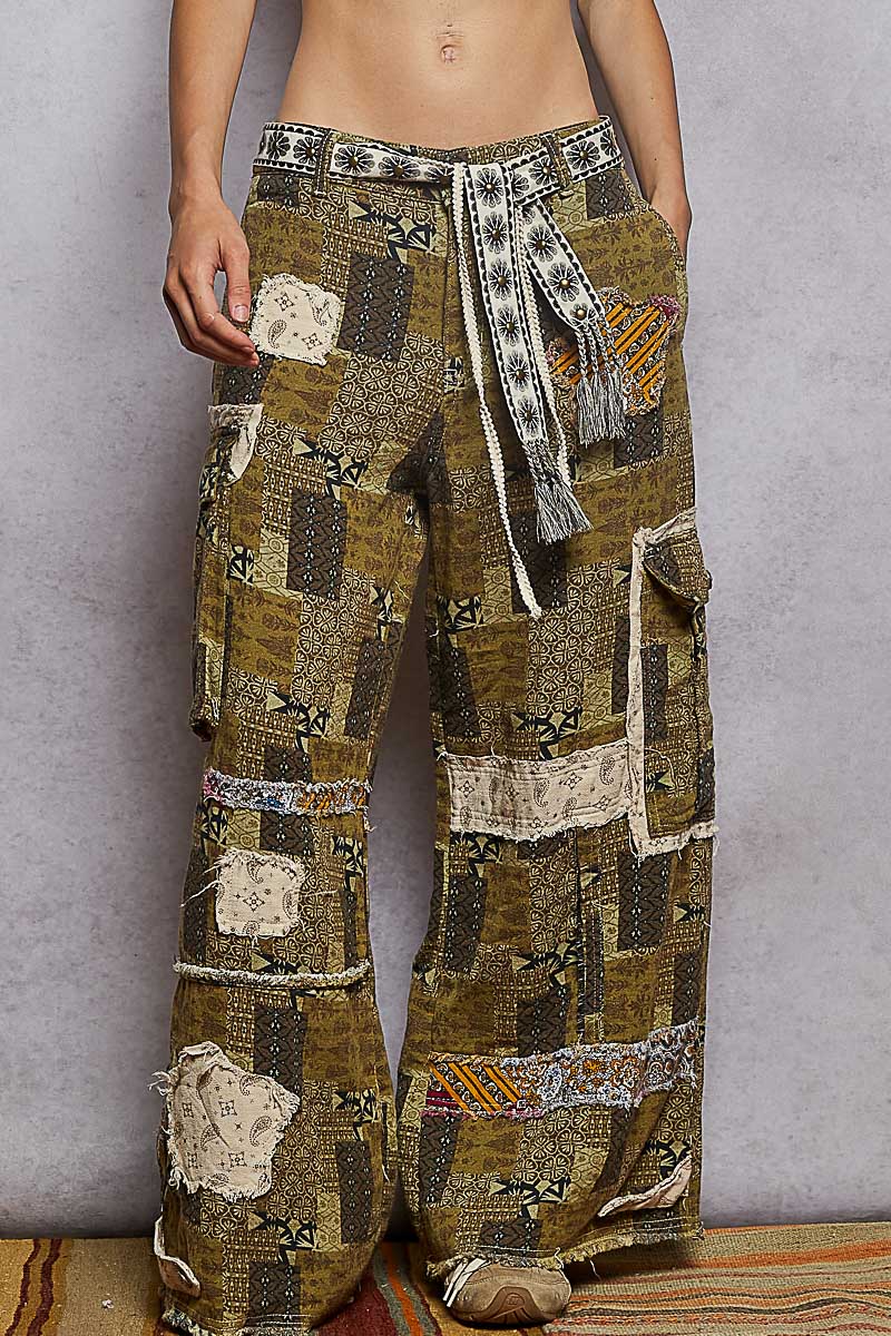 Contrast Patches Printed Straight Woven Twill Pants