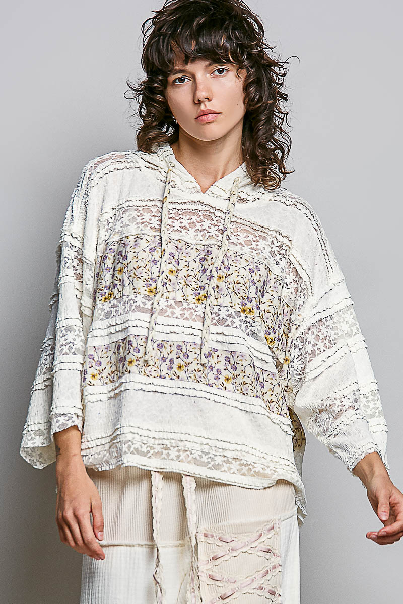 Floral Print Patch & Lace Hooded Top
