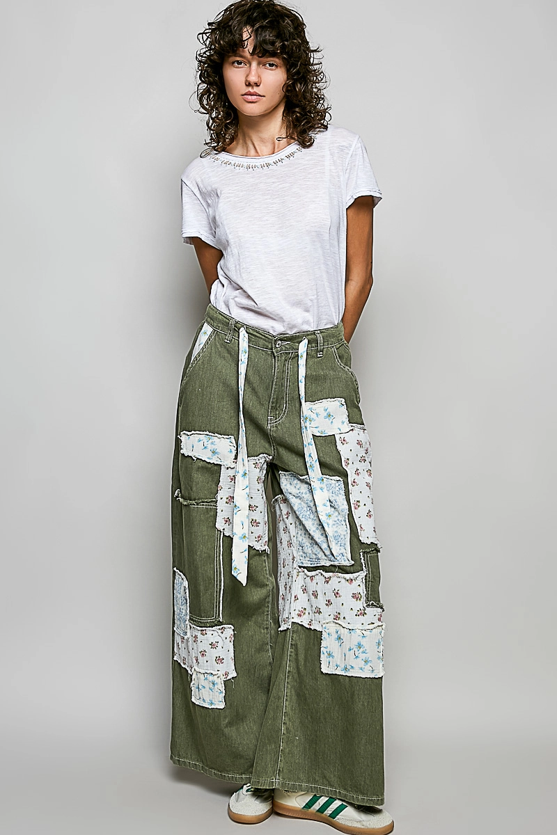 Patchwork Detail Denim Straight Fit Pants