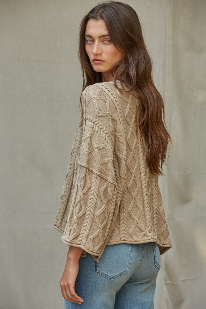Knit Cable Sweater Cotton 3/4 Sleeve Pullover