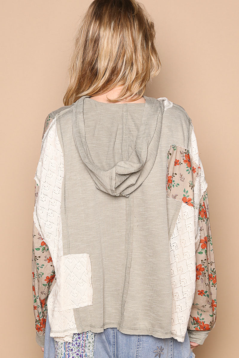 Hooded Balloon Sleeve Floral Top