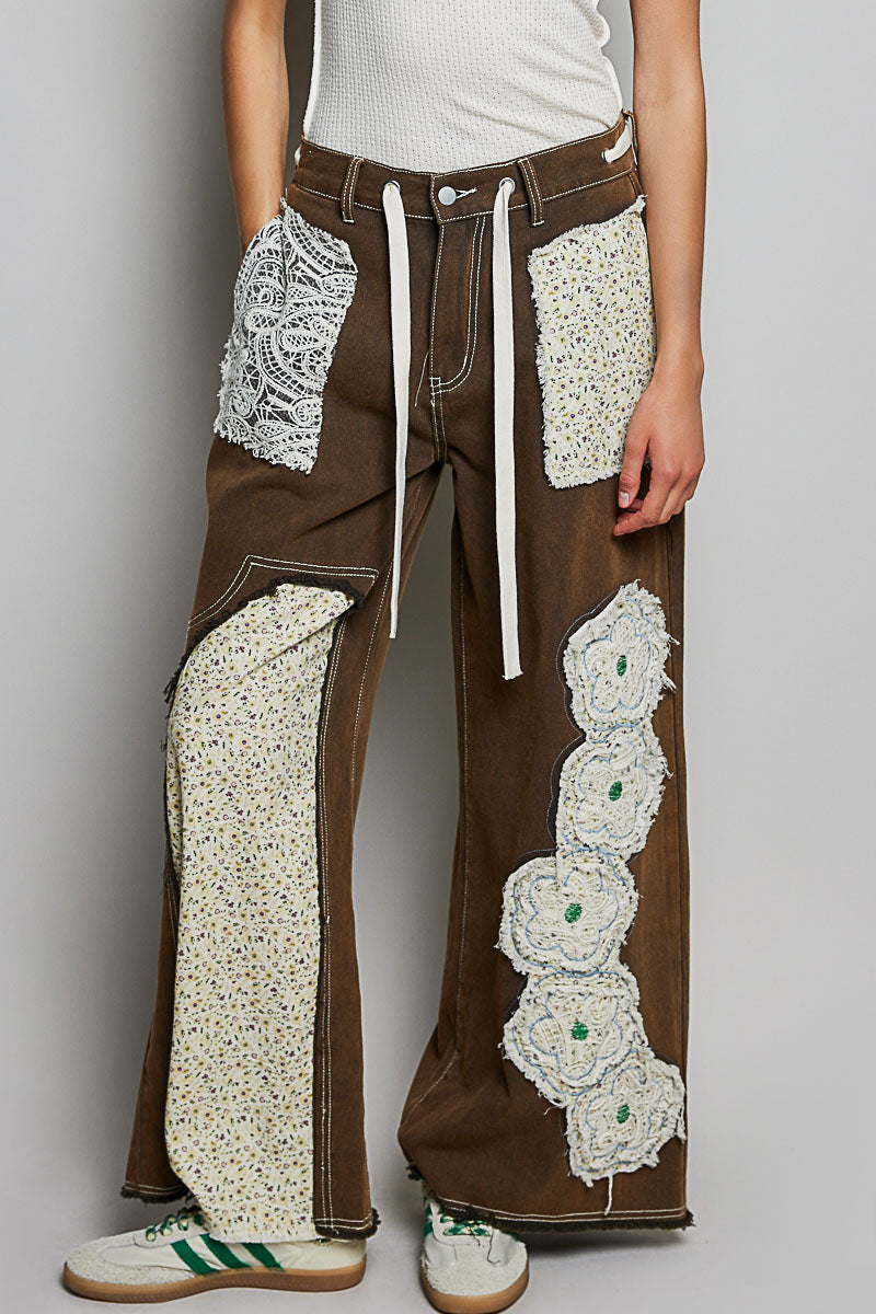 Drawstring Floral Patch Denim Pants