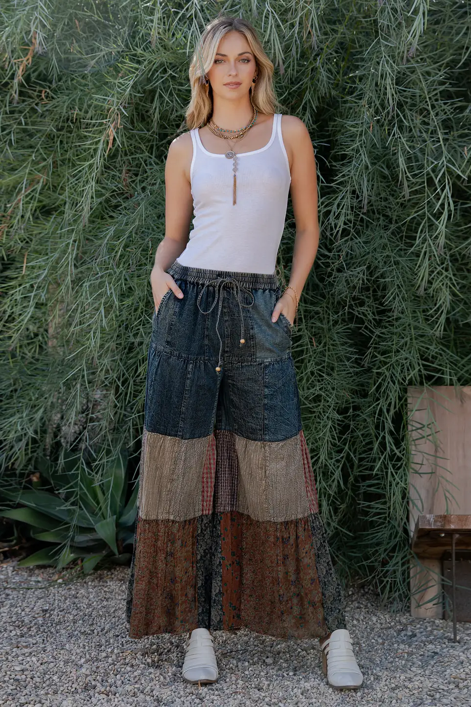 Tiered Patch Denim Pants