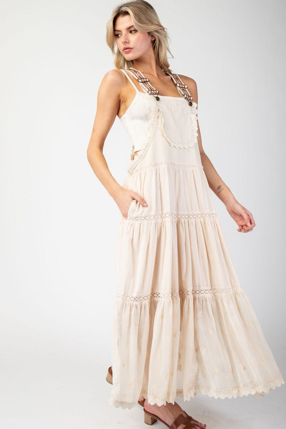 Lace Trim Tiered Overall Maxi Dress