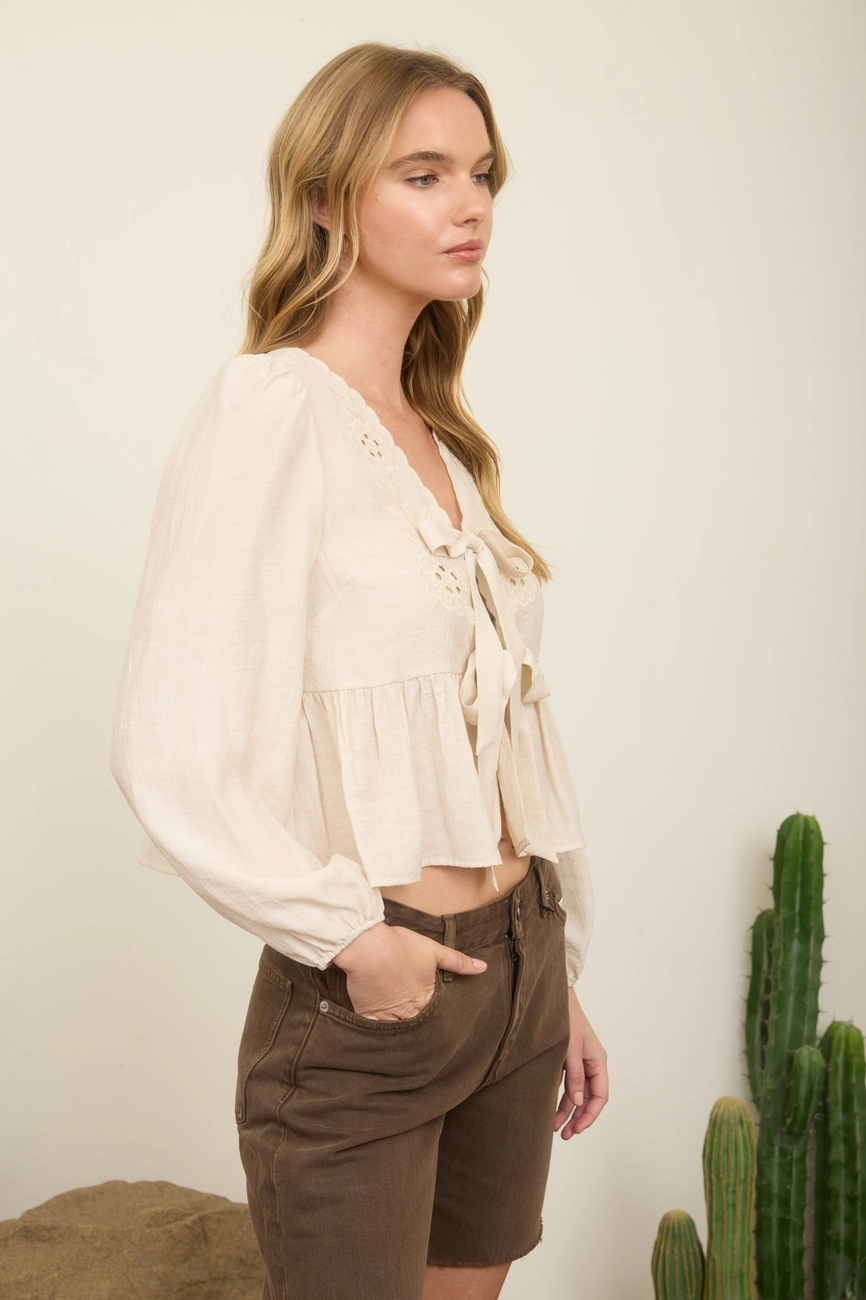 Floral Eyelet Embroidery Front Tie Long Sleeve Top
