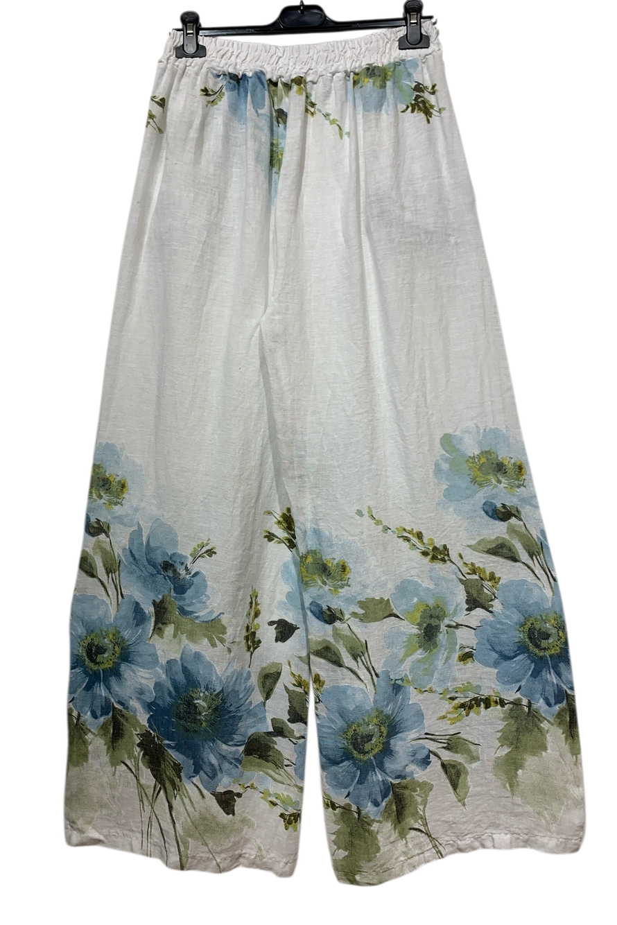 Floral Wide Leg Drawstring 100% Linen Pants