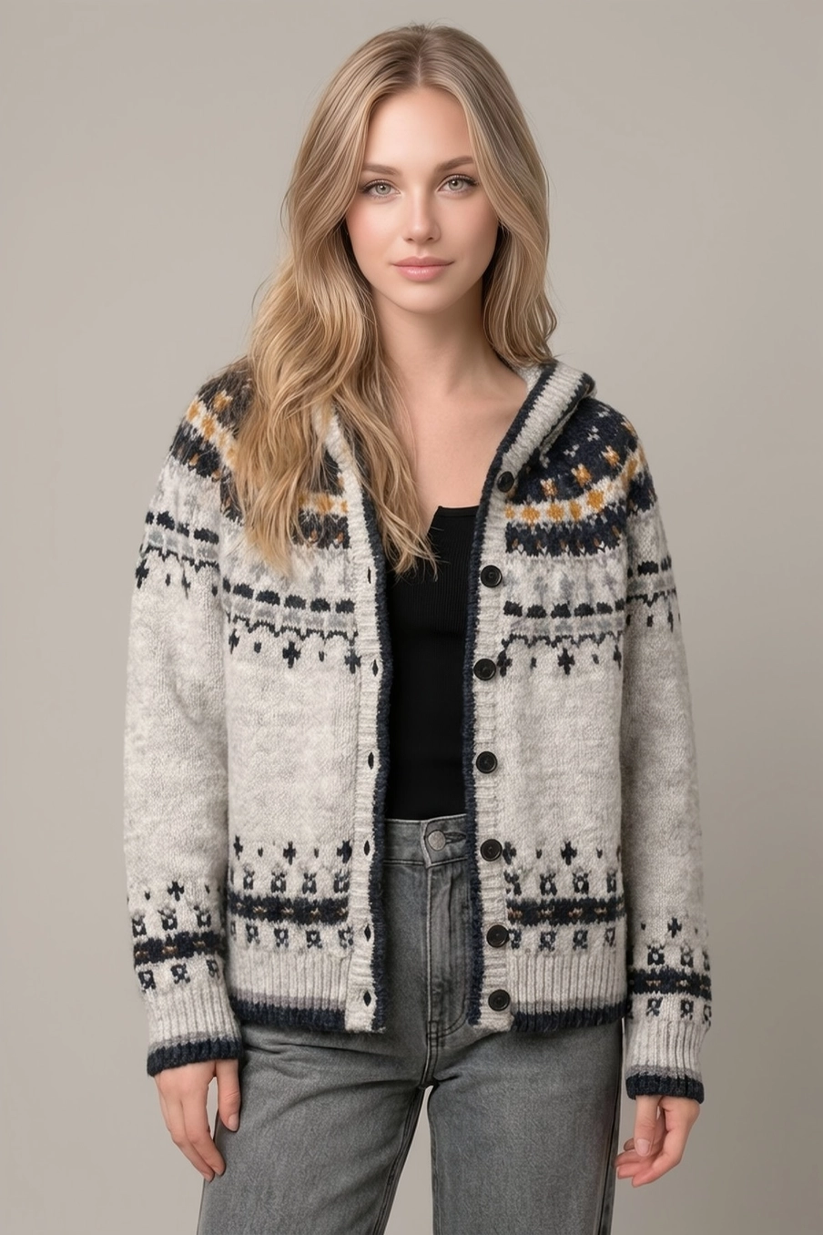 Abstract Multi-Color Hooded Button Front Cardigan