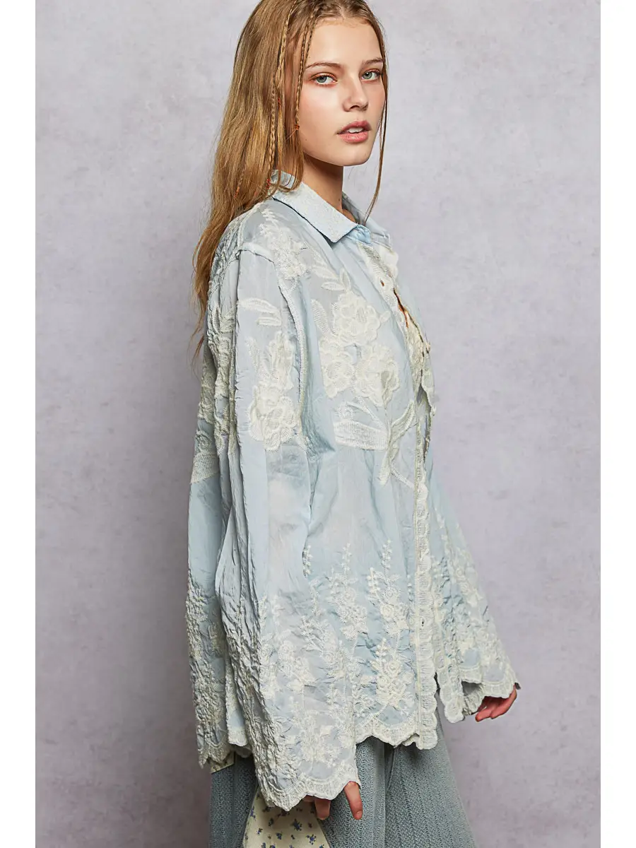 Long Sleeve Embroidered Scalloped Edge Shirt Top Blue