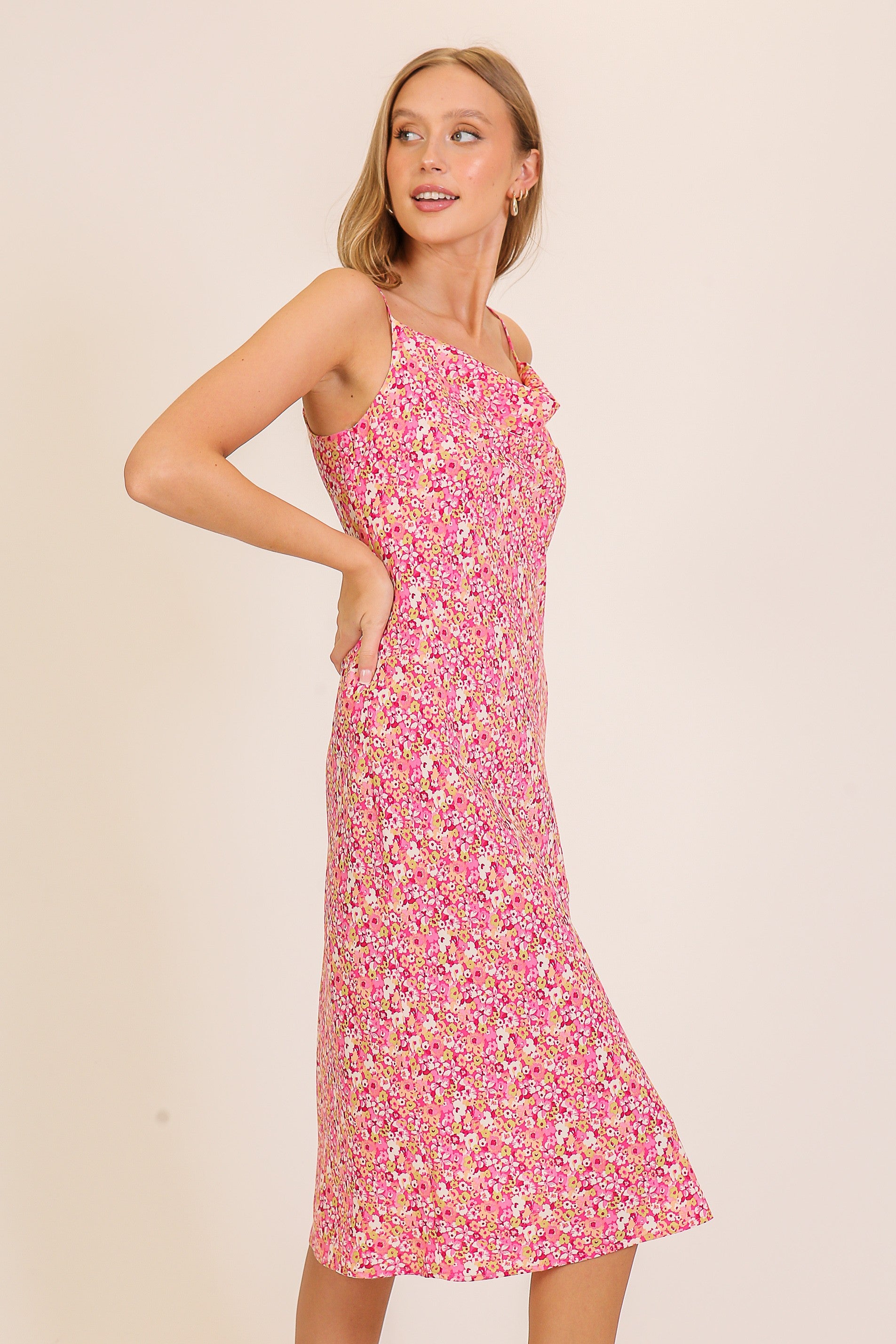 Floral Print Cowl Neck Dress