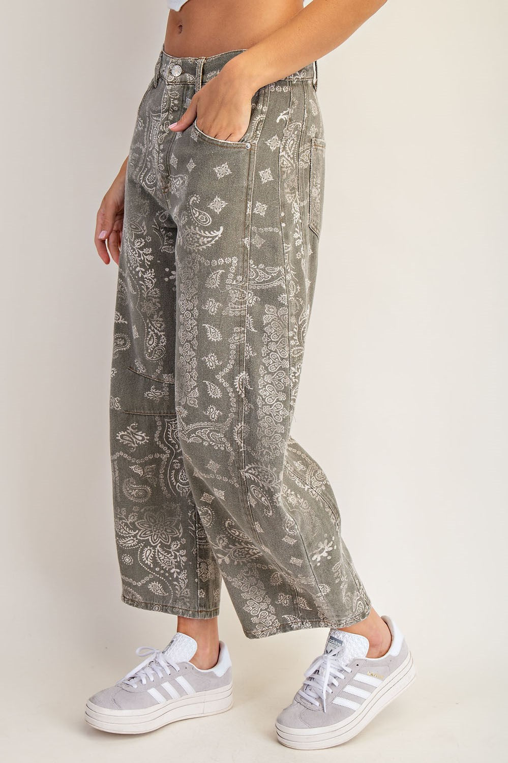 Mineral Washed Paisley Printed Barrel Jeans