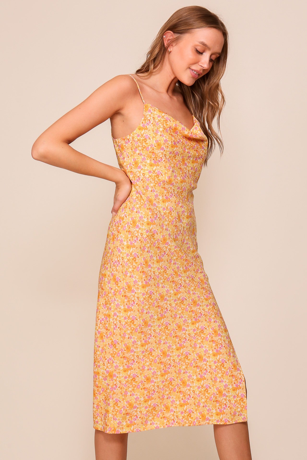 Floral Print Cowl Neck Dress