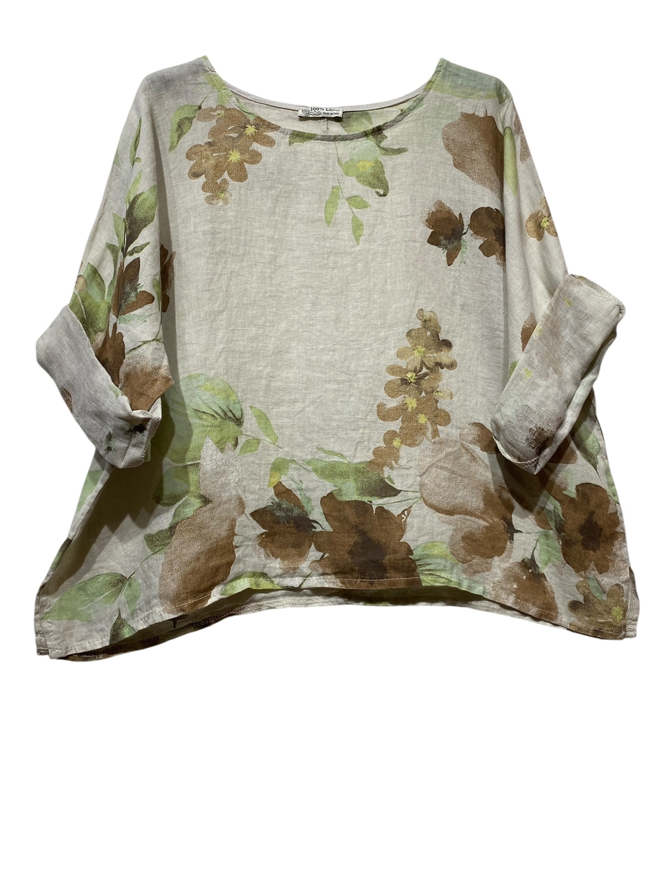 Rolled Sleeve Floral Blouse-100% Linen
