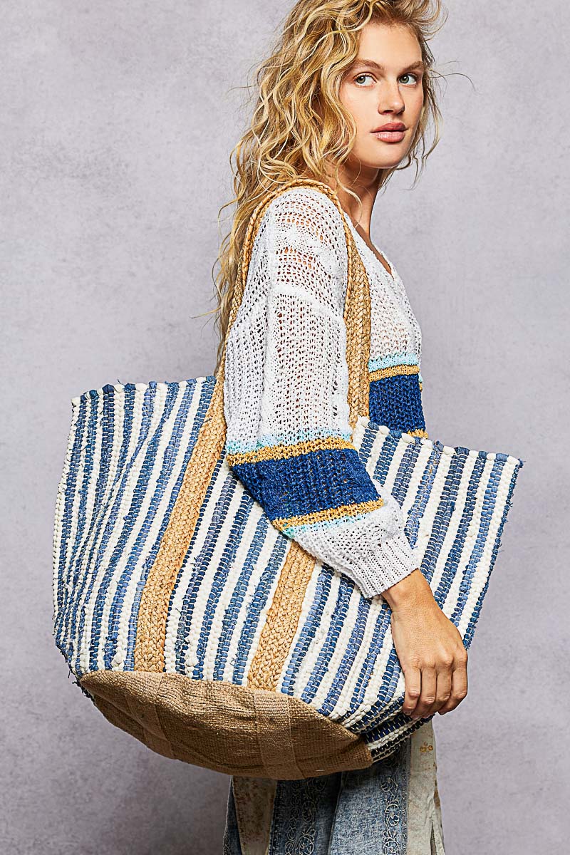 Cotton Weave Stripe Denim Tote Bag