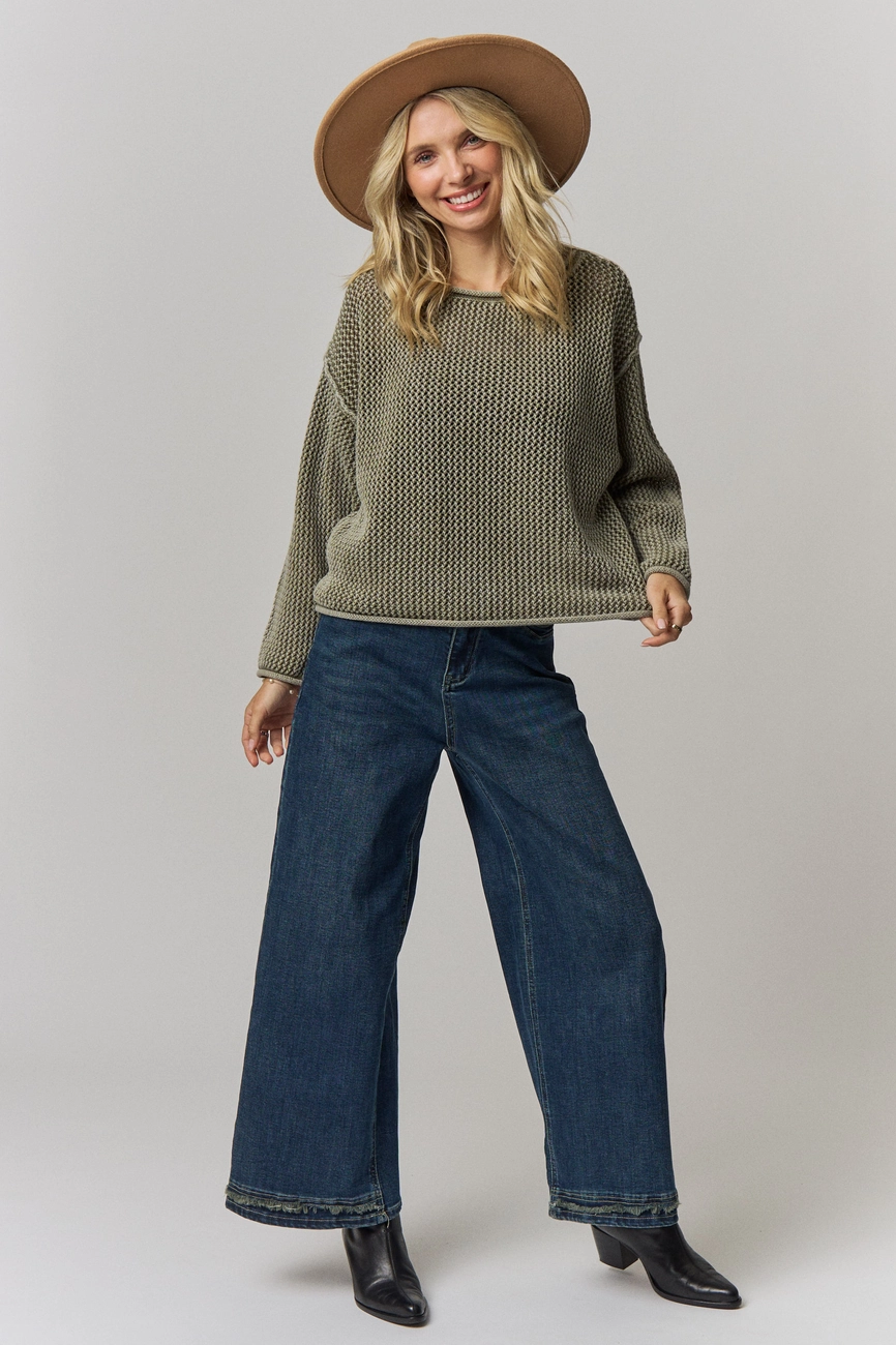Rolled Hem Textured Knit Sweater
