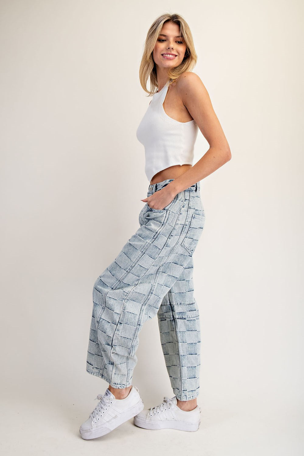 Mineral Washed Checker Barrel Jeans