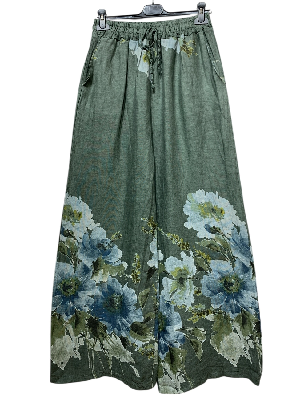 Floral Wide Leg Drawstring 100% Linen Pants
