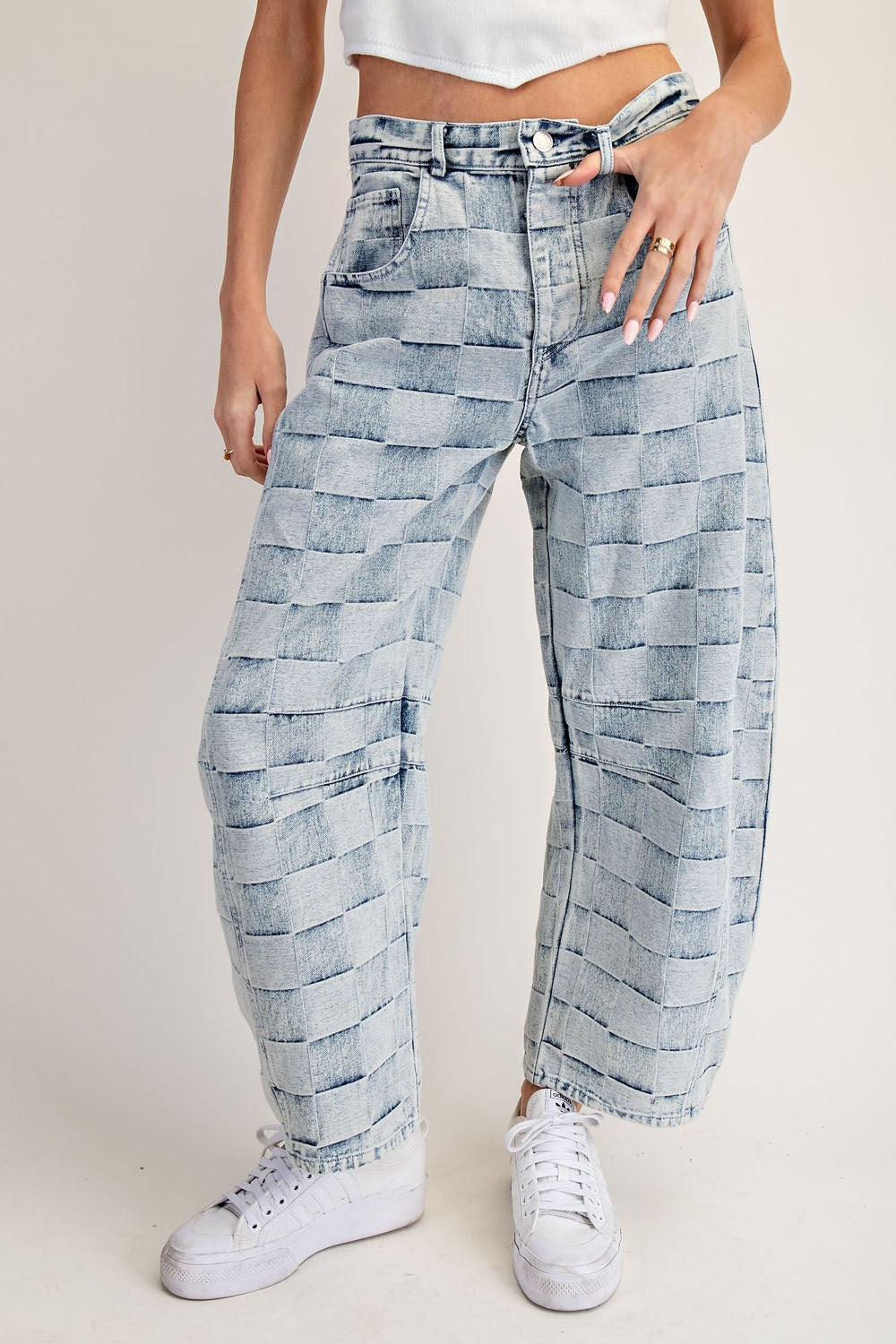 Mineral Washed Checker Barrel Jeans