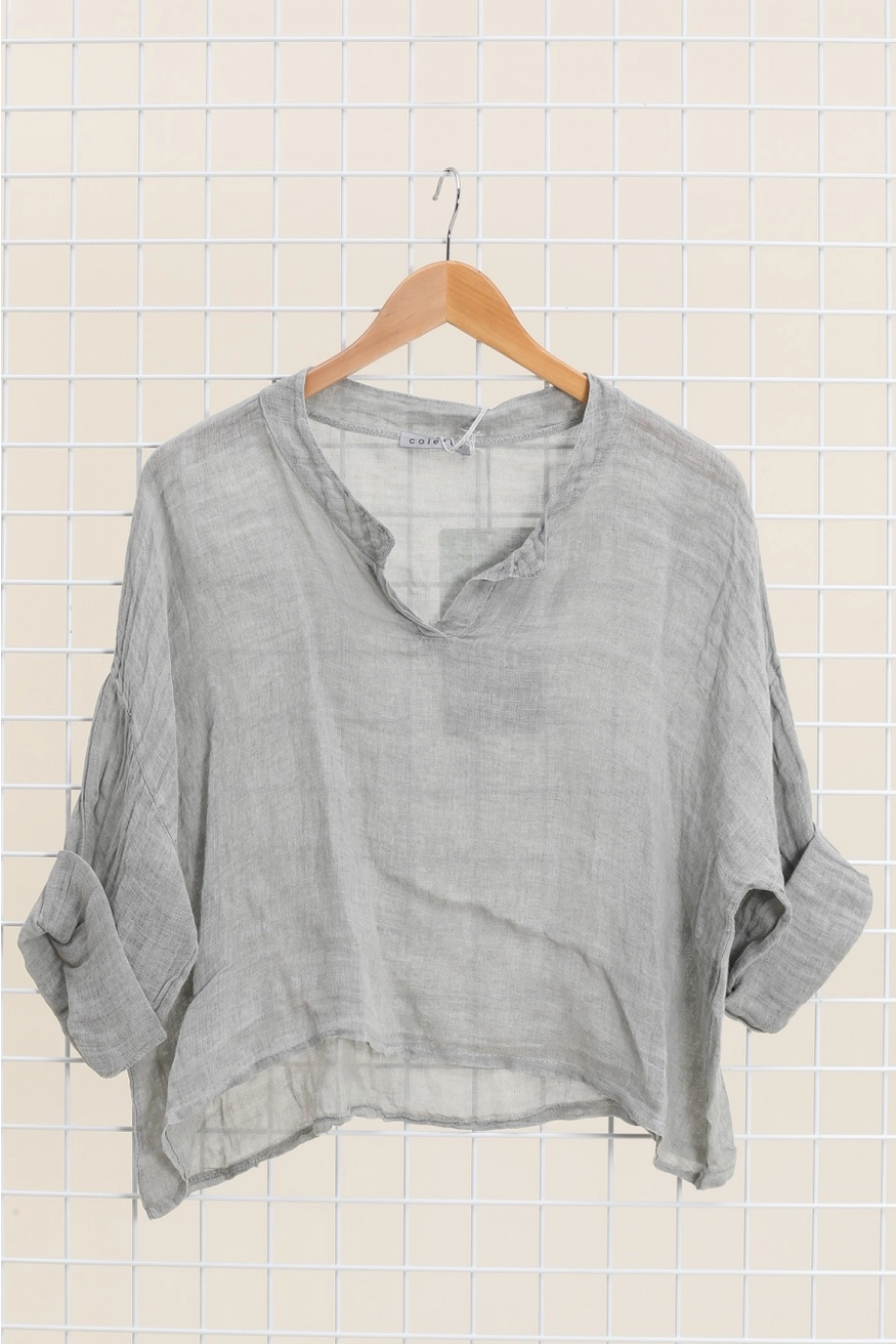 Linen V-Notch Rolled Sleeve Top