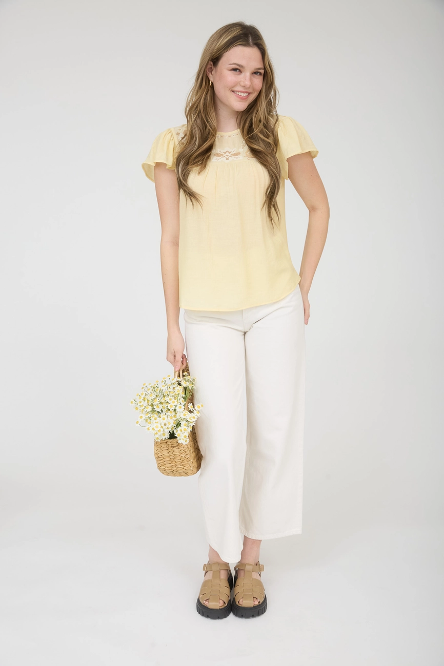 Floral Embroidery Yoke Detail Flounce Sleeve Top
