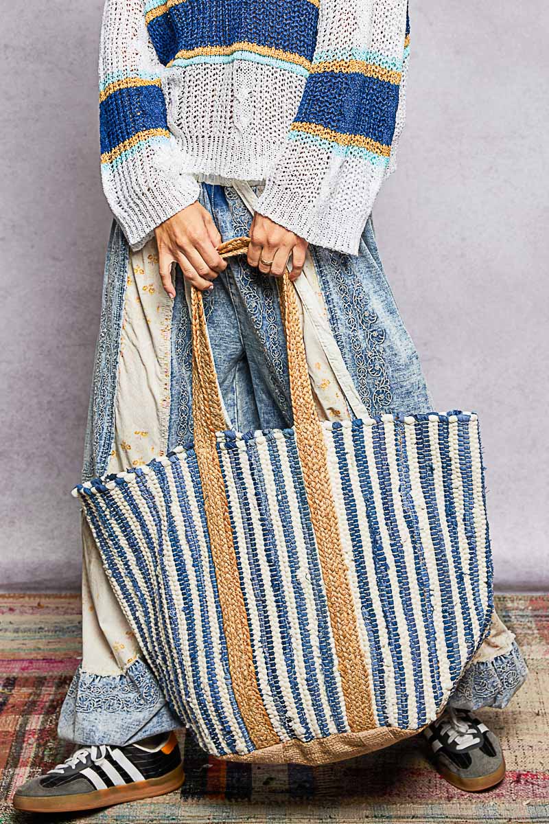 Cotton Weave Stripe Denim Tote Bag