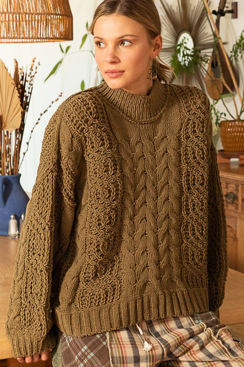 Chenille Cable Knit Mock Collar Sweater