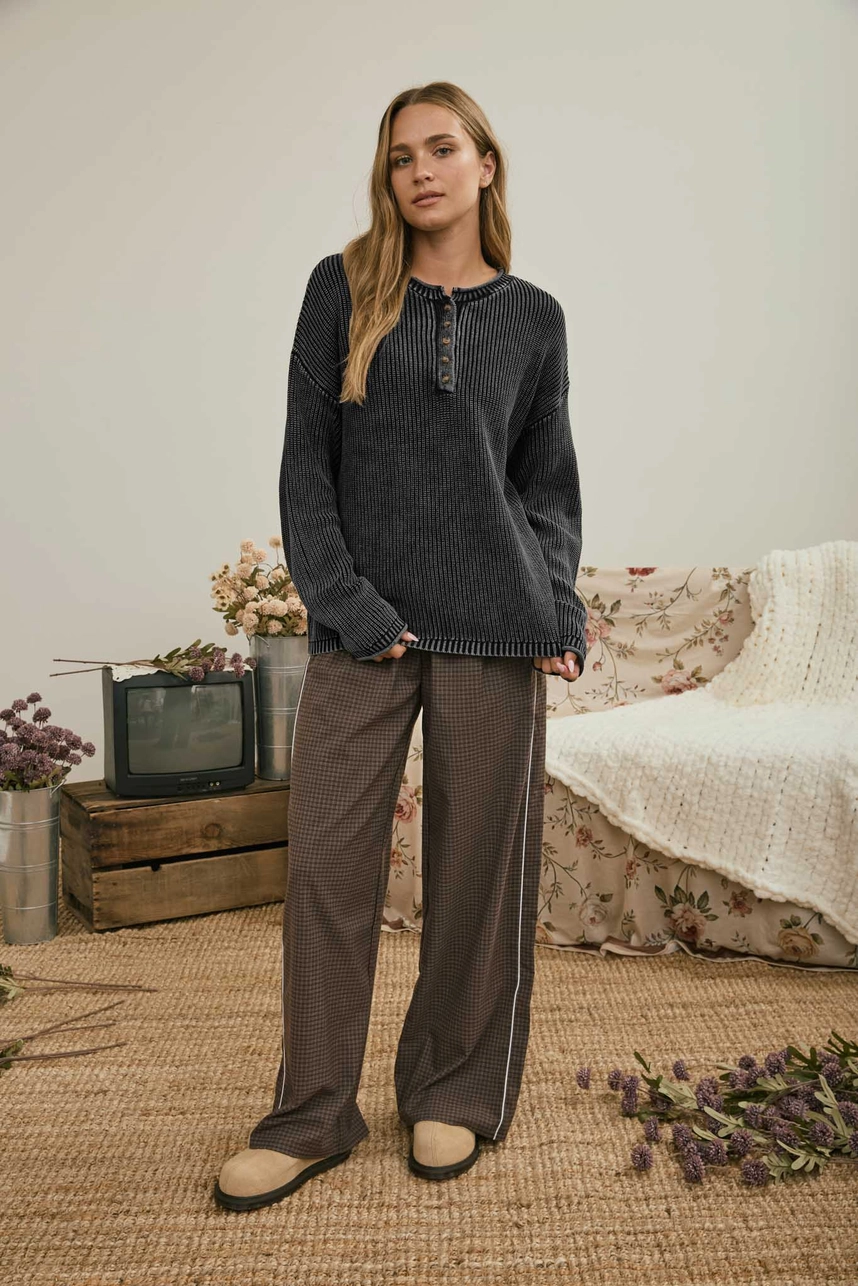 L/S Ribbed Drop Shoulder Henley Knit Sweater