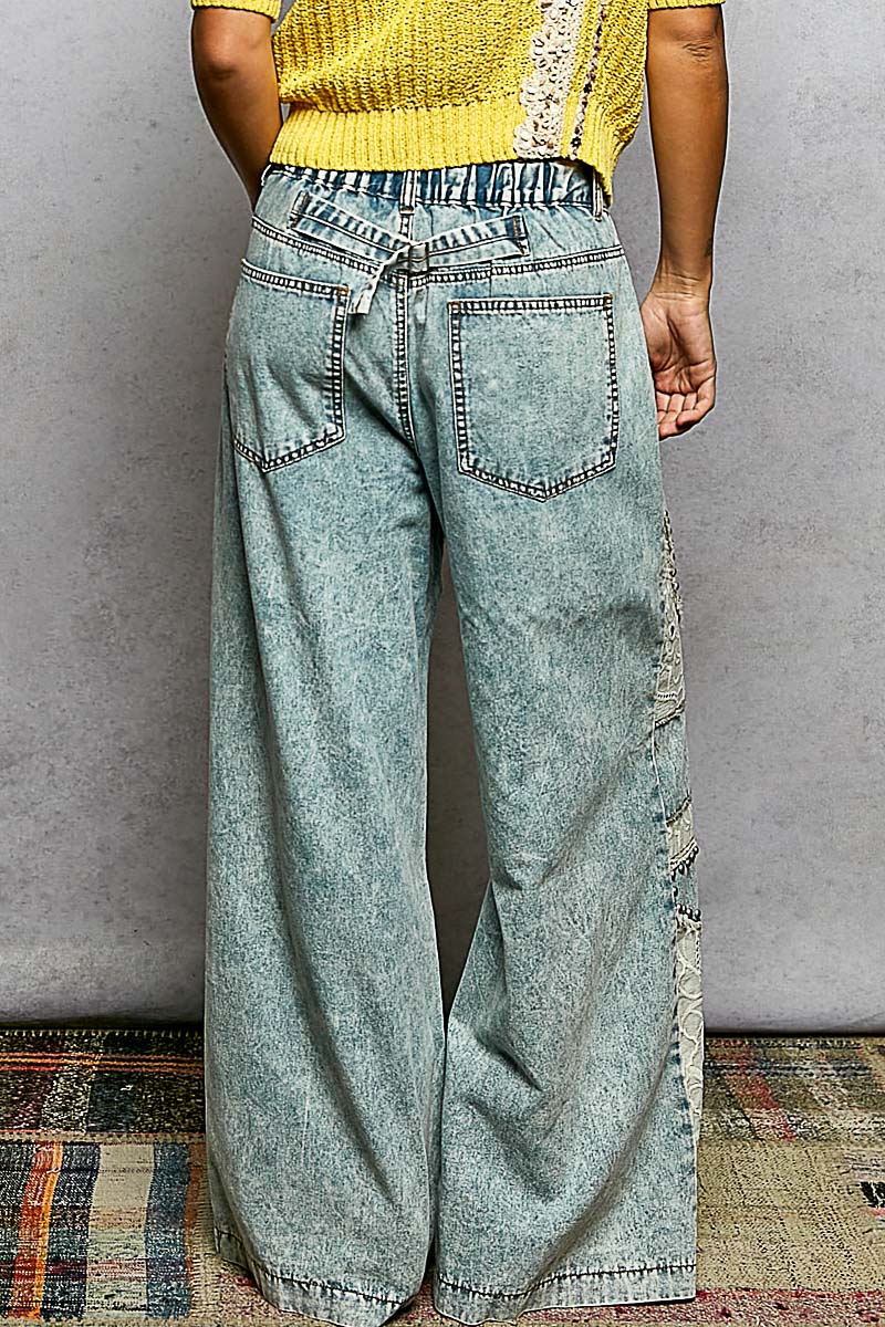Stud Eyelet Lace Patch Wide Leg Pants