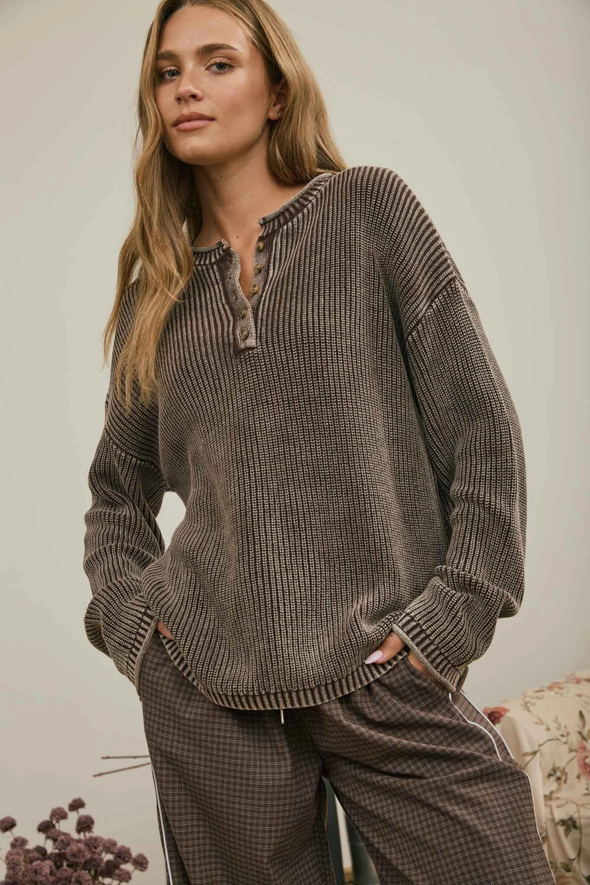 L/S Ribbed Drop Shoulder Henley Knit Sweater