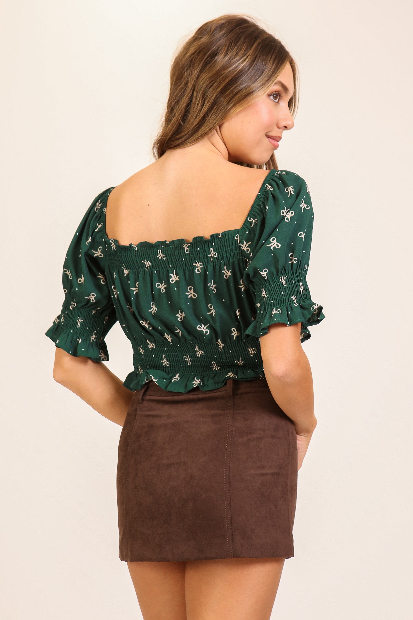 Smocked Puff Sleeve Bow Print Peasant Top