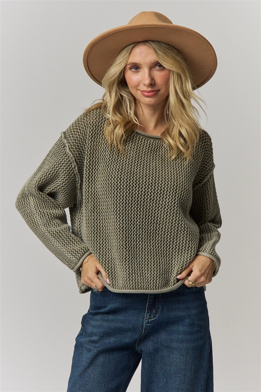Rolled Hem Textured Knit Sweater