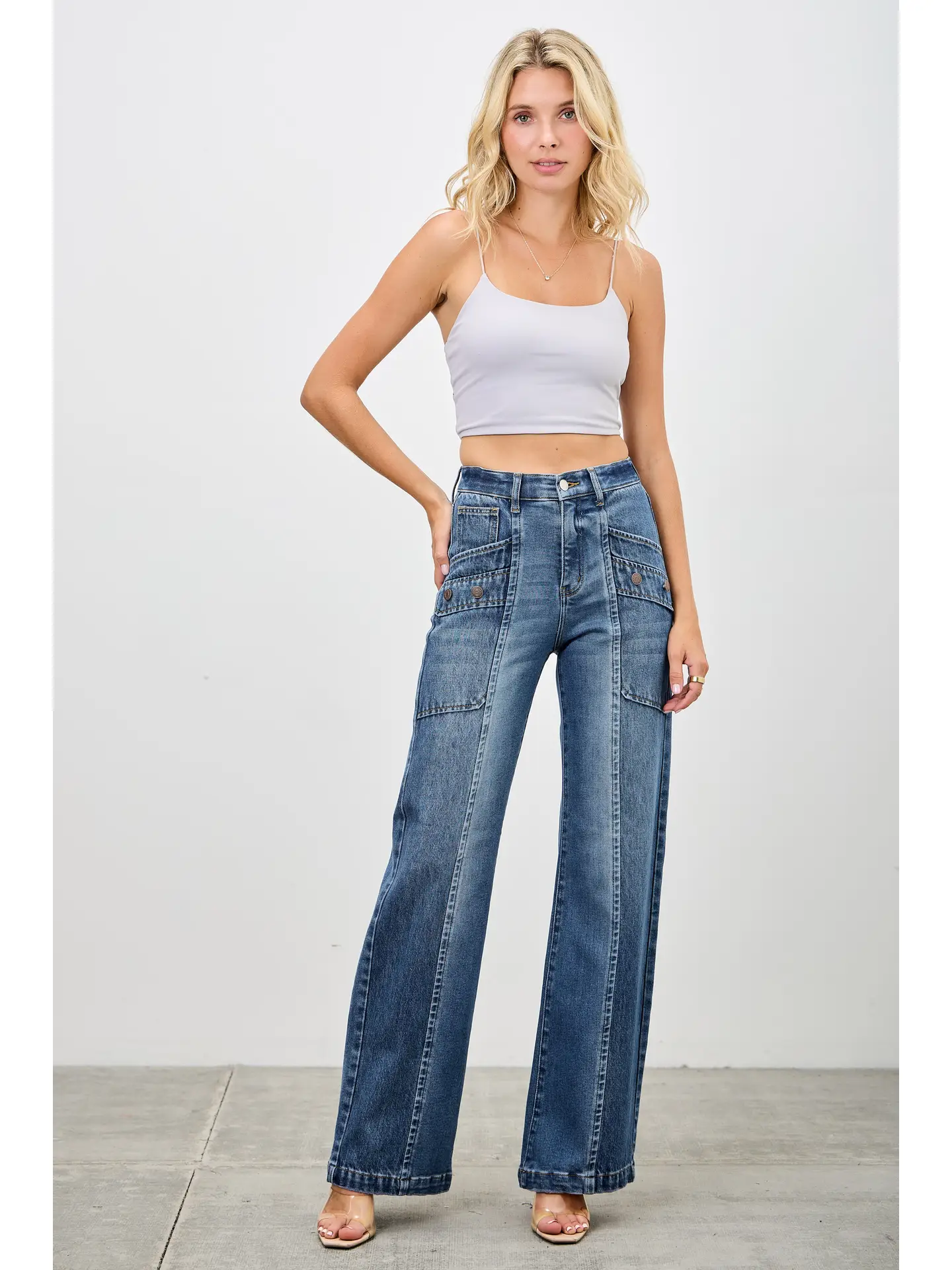 High Rise Bootcut Jeans w/Patched Pocket