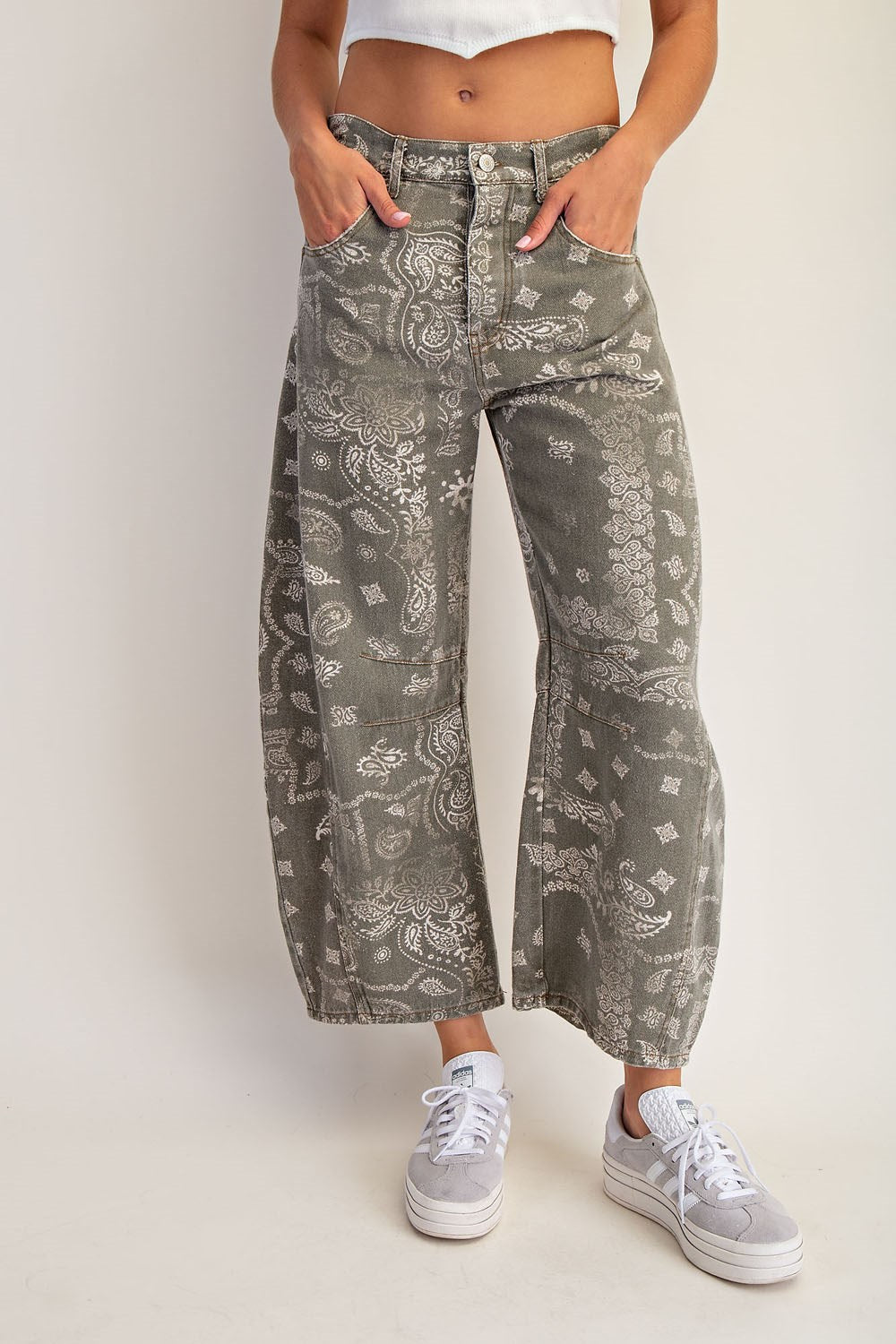 Mineral Washed Paisley Printed Barrel Jeans