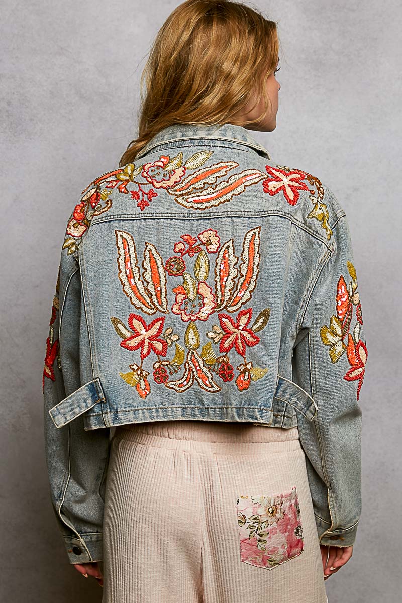 Beaded Embroidered Waist Tab Denim Jacket