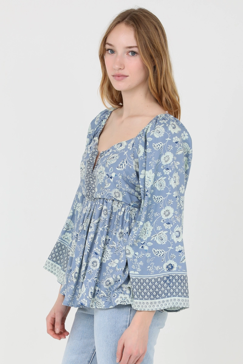 L/S V-Notch Floral Print Top