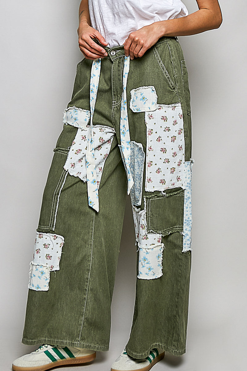 Patchwork Detail Denim Straight Fit Pants