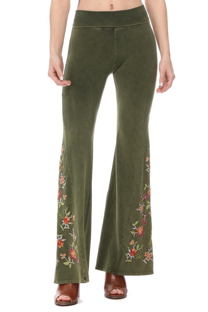 Mineral Wash Floral Embroidered Flare Yoga Pants