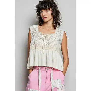 Lace Tie Front Peplum Sleeveless Top