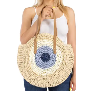 Boho Evil Eye Rattan Round Beach Tote