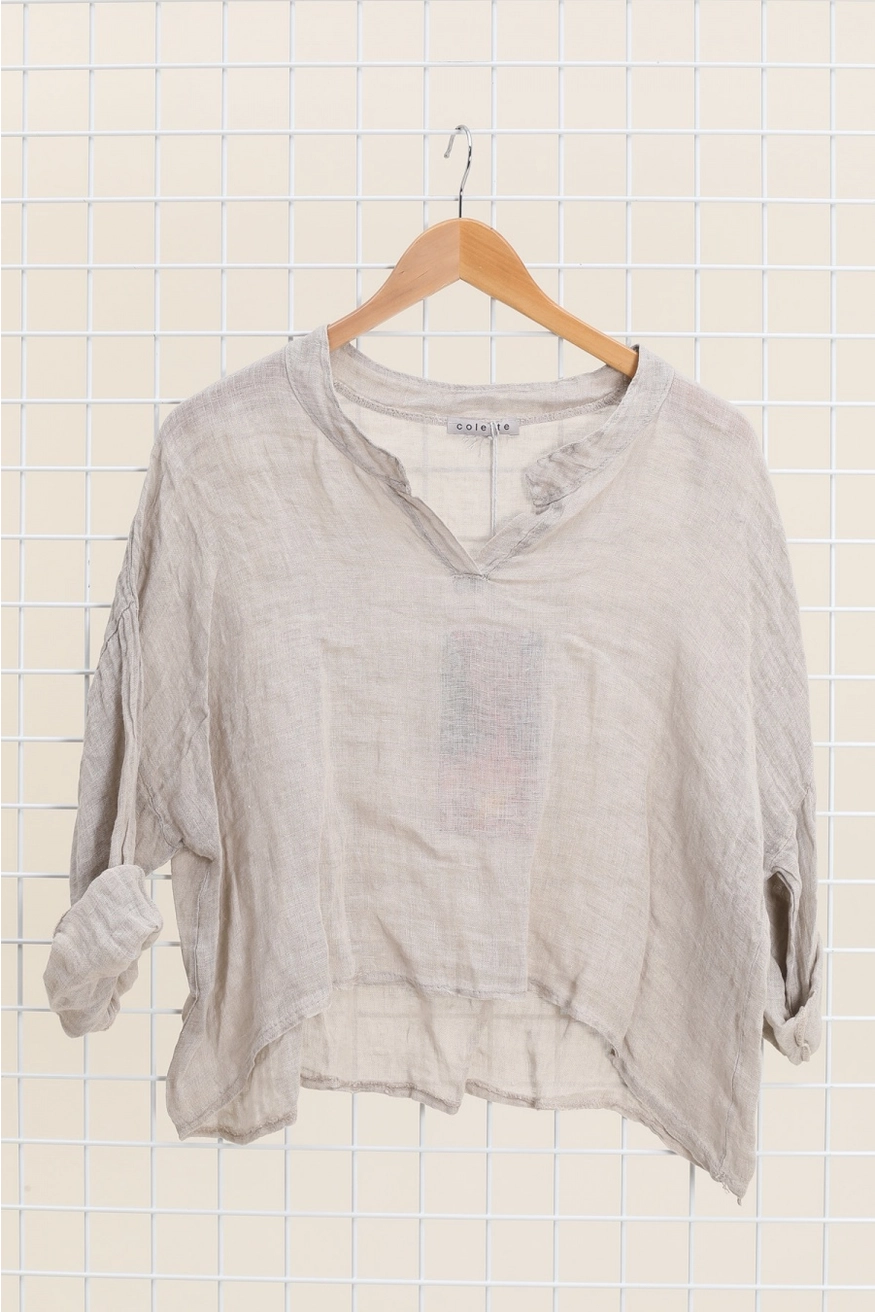 Linen V-Notch Rolled Sleeve Top