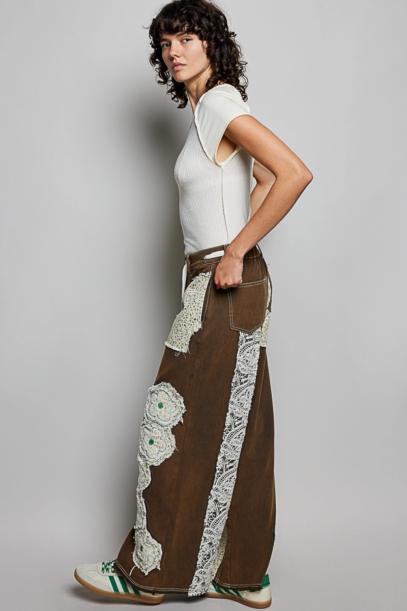 Drawstring Floral Patch Denim Pants