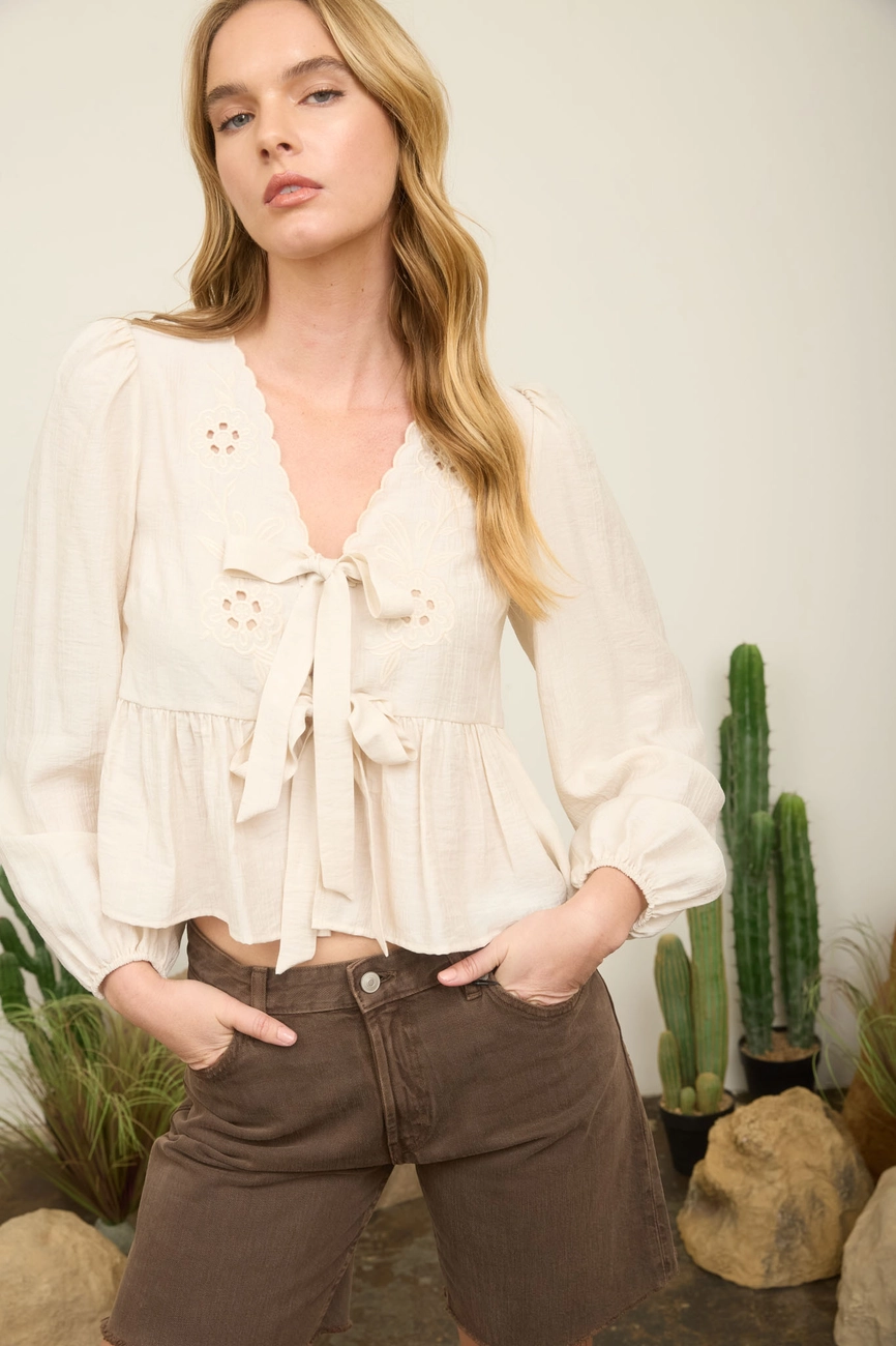 Floral Eyelet Embroidery Front Tie Long Sleeve Top