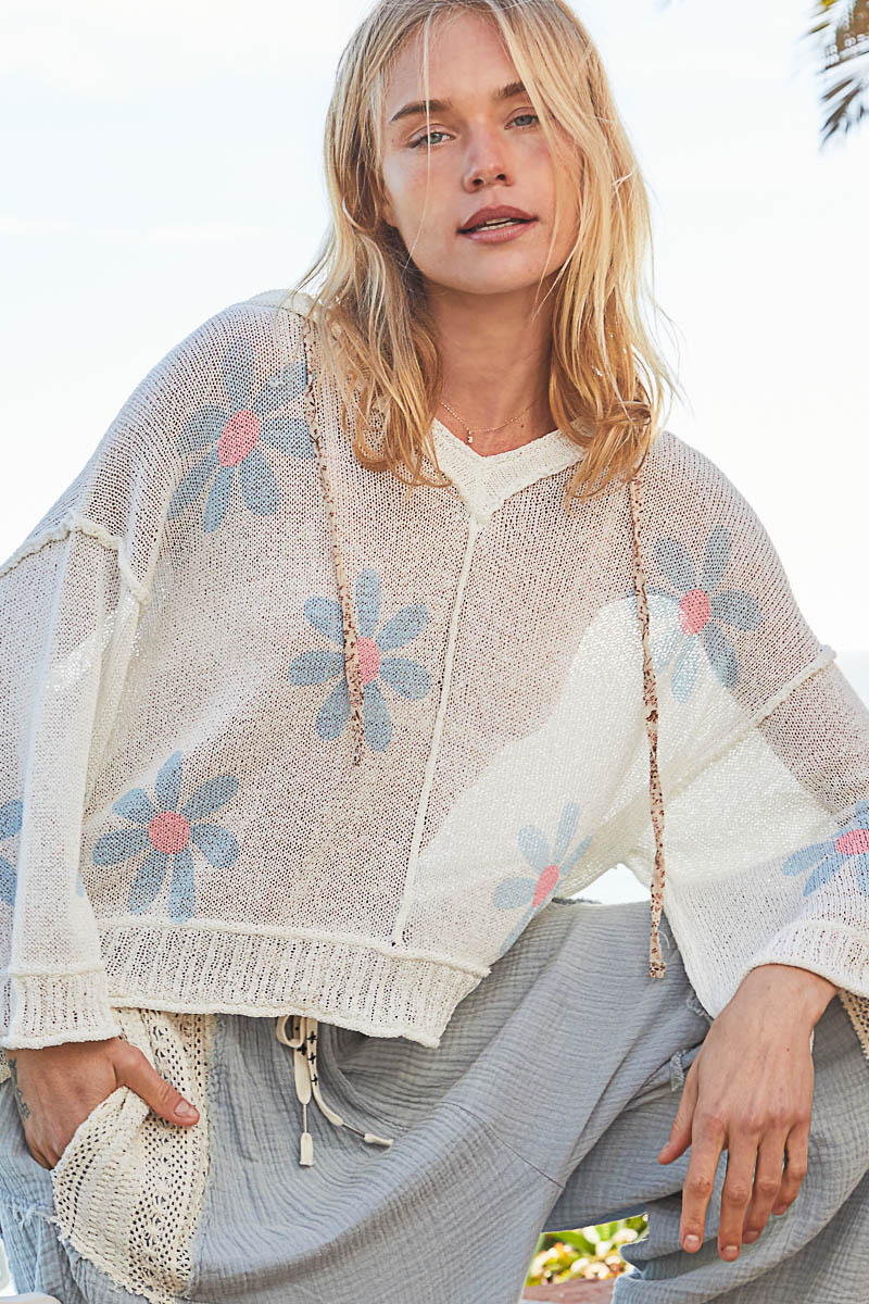 V-Neck Floral Print Hoodie Sweater