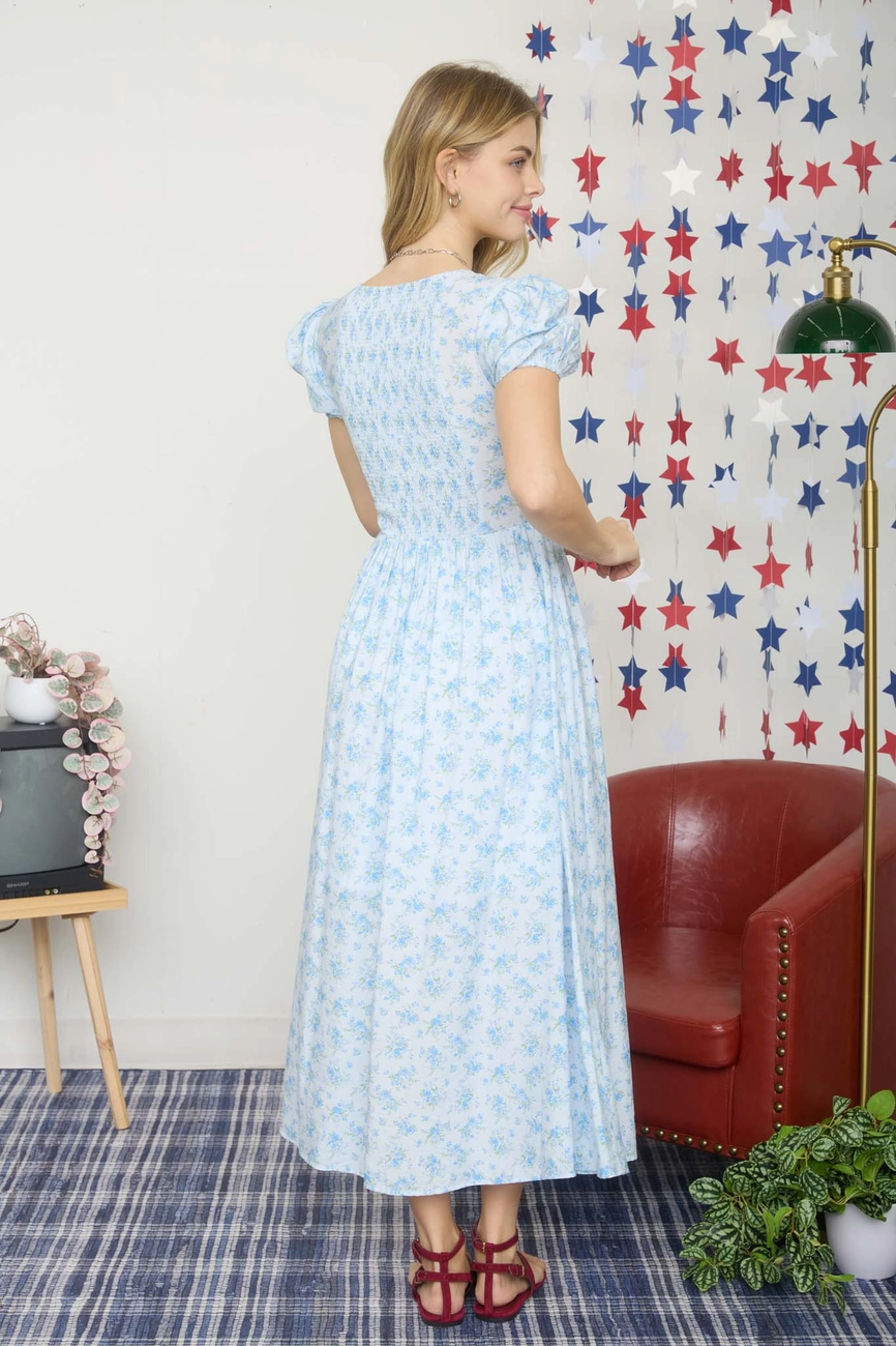 Floral Puff Sleeve Corset Detail Midi Dress