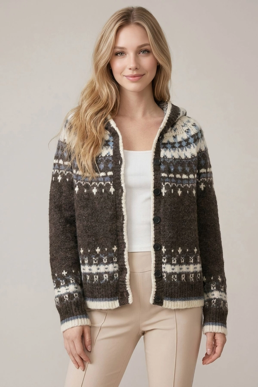 Abstract Multi-Color Hooded Button Front Cardigan