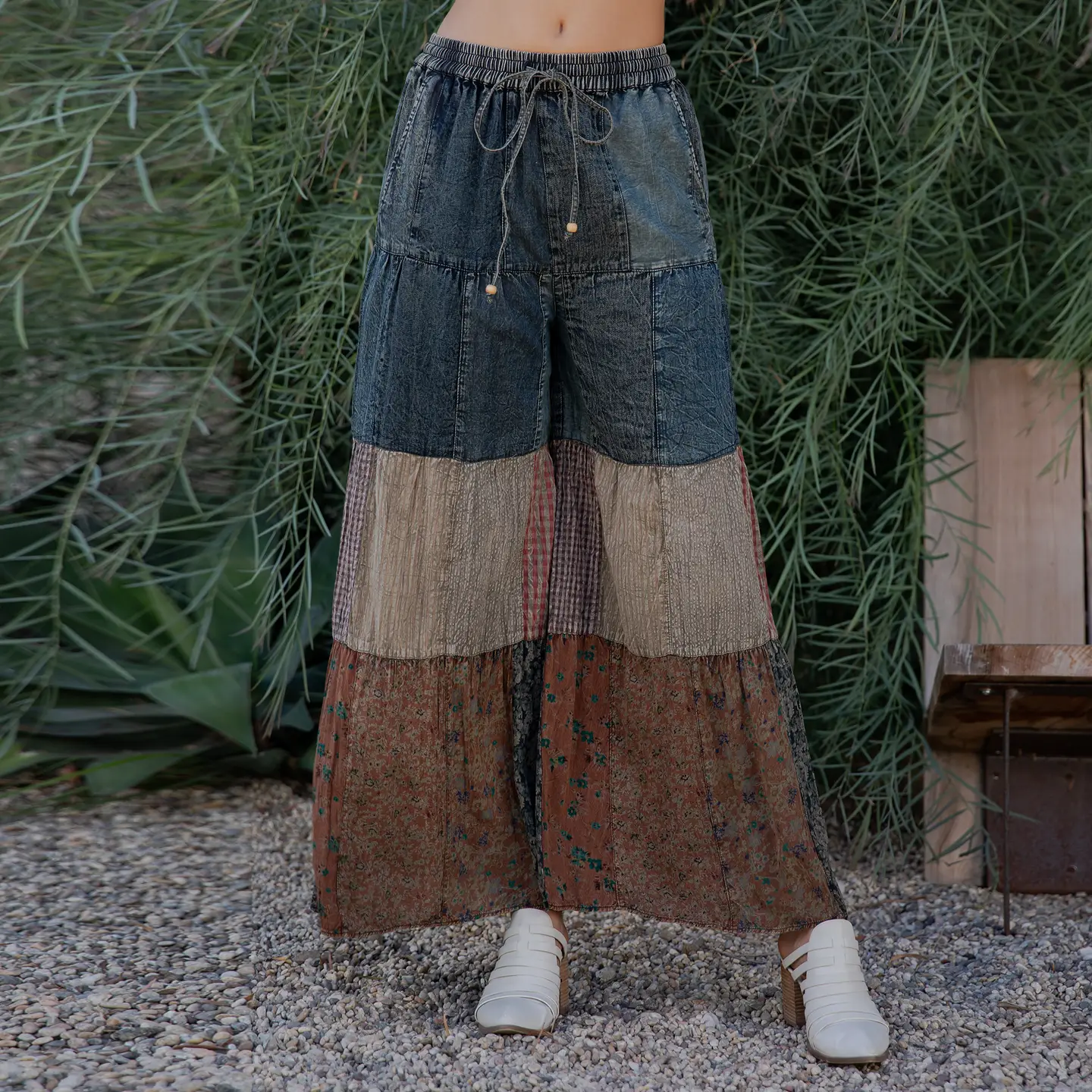 Tiered Patch Denim Pants