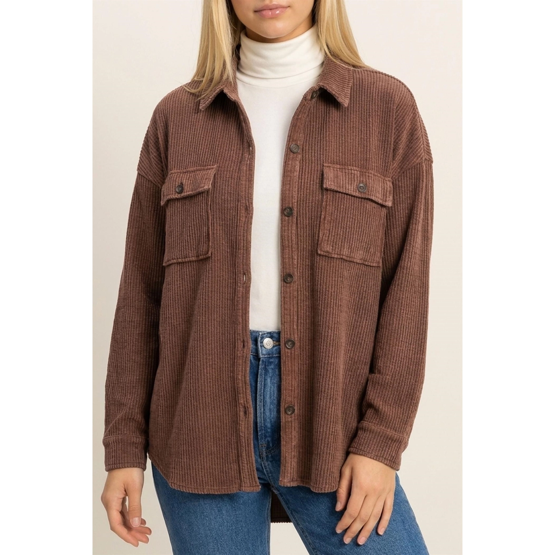 Mineral Wash Waffle Knit Button-Up Jacket