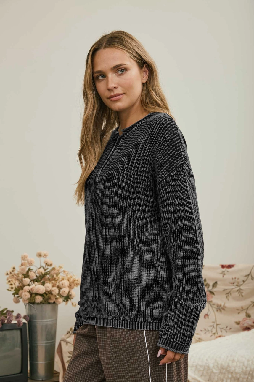 L/S Ribbed Drop Shoulder Henley Knit Sweater