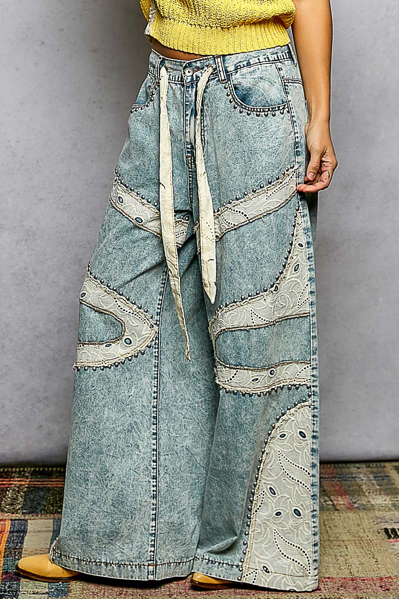 Stud Eyelet Lace Patch Wide Leg Pants